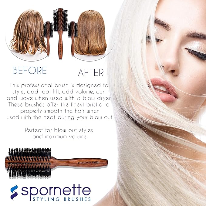 Spornette Deville Boar Bristle Round Brush for Women - Large Round Hair Brush for Blow Drying, Curling & Styling - Adds Shine, Volume & Lift to All Hair Types (2.5 Inch)