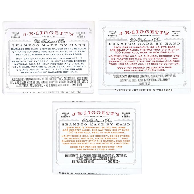J.R.LIGGETT'S Original Formula, Moisturizing Formula and Coconut & Argan Oil Shampoo Bars - Plant-Based Nourishing Shampoo Bars for All Hair Types - Sulfate-Free for Healthy Hair - 3-Pack