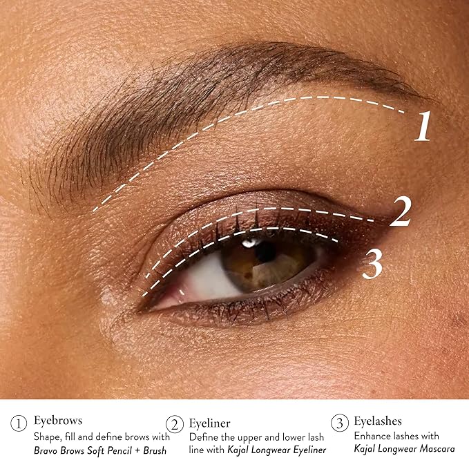 LAURA GELLER Laura’s 3 E’s Eyeliner, Eyelash & Eyebrow Kit for Mature Skin | Medium Brown | Kajal Longwear Eyeliner, Kajal Longwear Mascara & Bravo Brows Soft Pencil + Brush