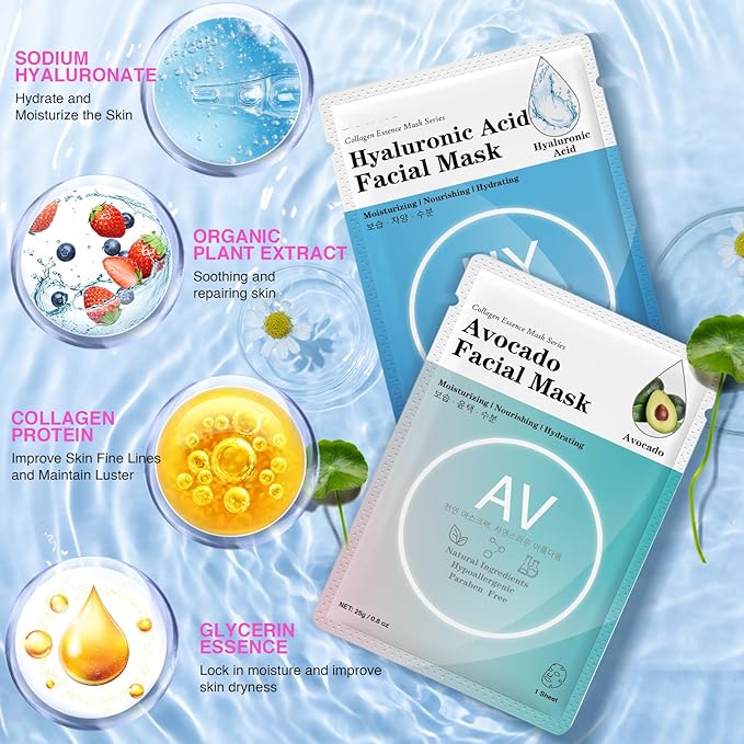 48 Packs Collagen Essence Sheet Facial Masks, Plant Extract and Sodium Hyaluronate, Skincare for All Skin Types, Moisturizing and Soothing, Natural Skin Care Spa Korean Face Mask