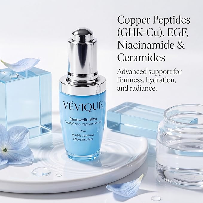 Renewelle Bleu - Multi Peptide Serum with Copper Peptides (GHK-Cu), Epidermal Growth Factor (EGF), Niacinamide & Ceramides, Firming Face Serum for Fine Lines, Hydration & Radiance, 1 Fl Oz