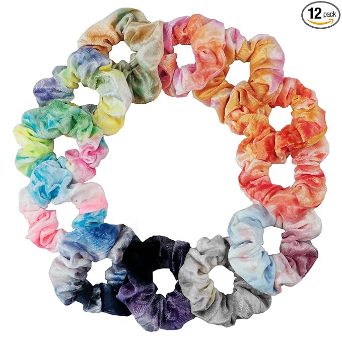 12 Pcs Scrunchies for Women, Tie Dye Velvet Scrunchies for Hair, Soft Elastic Hair Bands for Girls, Rainbow Colorful Ponytail Holder for Teens Favors(Rainbow Tie-Dye)