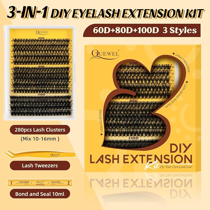 QUEWEL DIY-Lash-Extension-Kit, 280pcs 60+80+100D-Fluffy Lashes-Clusters Mixed 12-18mm Thick Eyelash-Clusters-Kit with Lash Bond and Seal, and Cluster Lashes Tweezers Easy DIY at Home(60+80+100 KIT)
