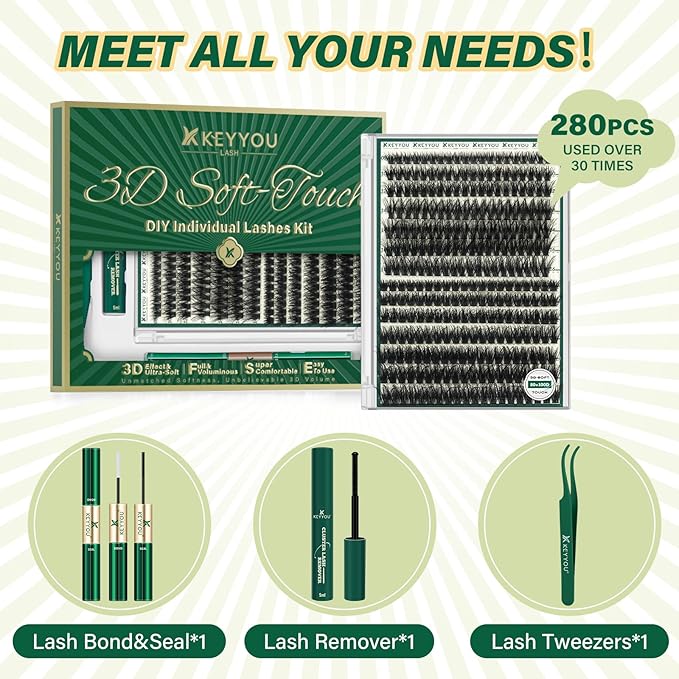 KEYYOU 3D Effect lash Clusters Kit 80D100D 280pcs Eyelash Clusters Kit D Curl Individual Lashes Kit Wispy Lash Extensions Kit with Waterproof Lash Bond and Seal Tweezers (Lash Kit-8-16MIX)