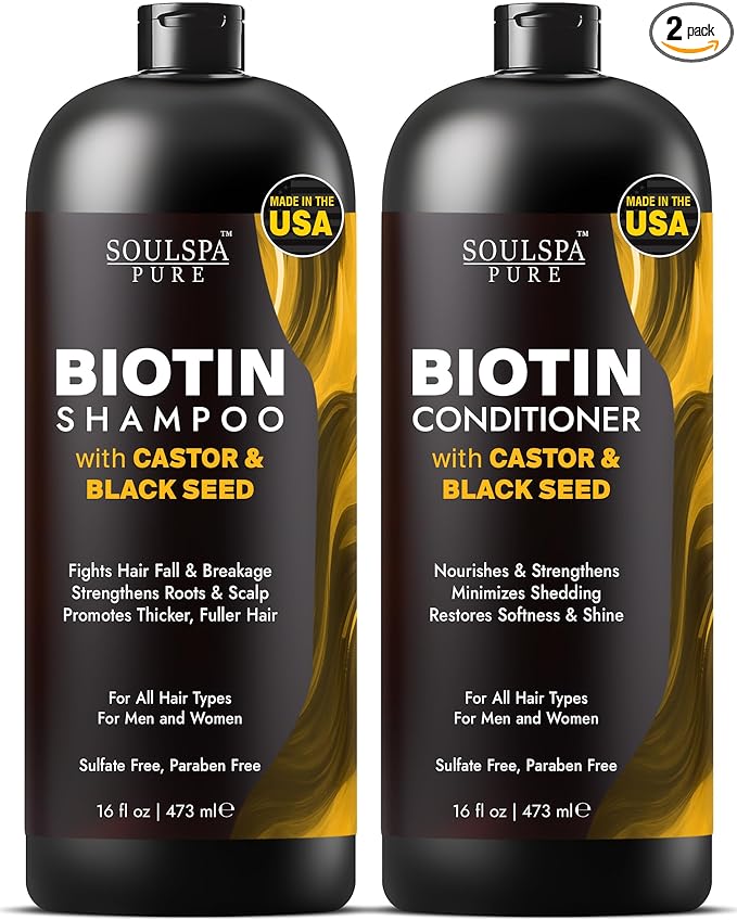 SOULSPA PURE Castor Oil & Black Seed Biotin Shampoo and Conditioner Set - Sulfate Free Nourishing Formula for Thinning Hair & Dry Scalp - Deep Moisture for Men & Women - Made in USA - 16 fl oz Each