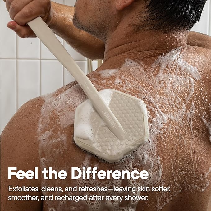 TOOLETRIES Silicone Back Scrubber for Shower Exfoliating Back Brush for Men with Long Handle, Non Slip Grip Body Washer to Clean Hard to Reach Areas, Durable Bath Accessory - Sand