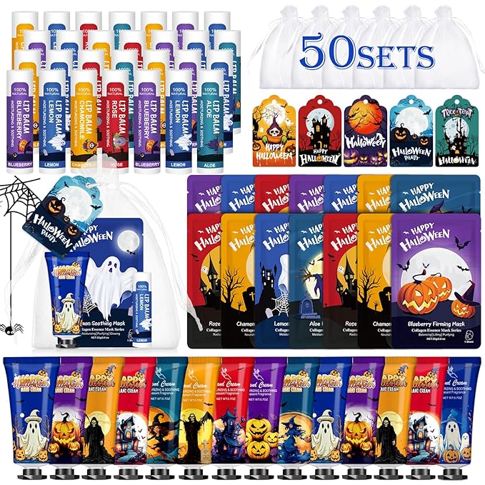 50 Pack Halloween Hand Cream, Facial Mask and Lip Balm Set, Bulk Halloween Gifts for Women, Halloween Decorations, Halloween Party Favors, Halloween Basket Stuffers and Halloween Skincare