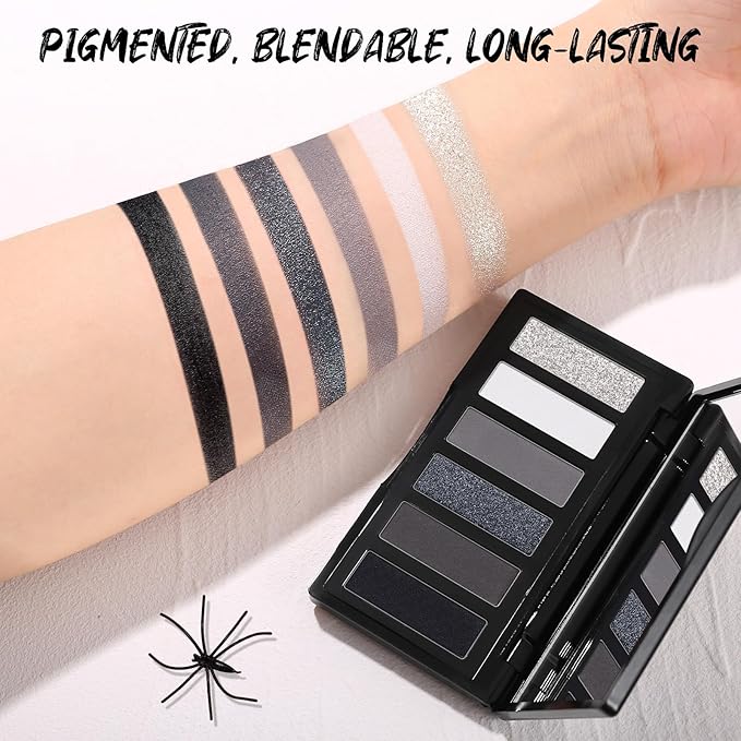SUSIKEKI Black Eyeshadow Palette with Mirror Silver Gray Black Tones Matte Shimmer Smokey 6 Colors Mini Eye Shadow Pallet Travel Size Highly Pigmented for Vampire Clown Joker Goth Halloween Makeup