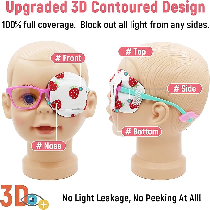 Astropic 3D Cotton & Silk Eye Patch for Kids | Girls Eye Patch for Glasses | Medical Eyepatch for Children with Lazy Eye (Strawberry, Left Eye)