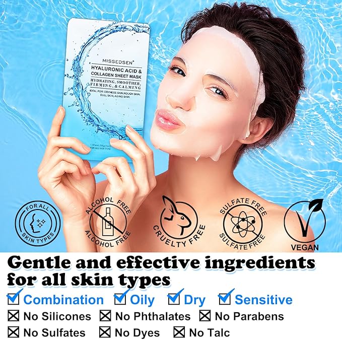 Collagen Face Mask with Hyaluronic Acid, Vitamin E Oil for Skin Care Hydrating, Moisturizing, Brightening & Anti Aging Face Masks Skincare for Oil, Dry, Acne, Sensitive All Skin Types 25PCS