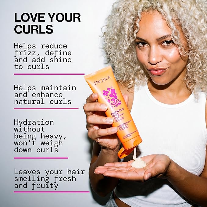 Pacifica Pineapple Swirl Curl Defining Cream – Bounce, Frizz Control & Curl Enhancer Styling Cream for Curly Hair & Wavy Hair – Coconut Oil & Hyaluronic Acid For No-Crunch Hold – Cruelty-Free – 4-oz