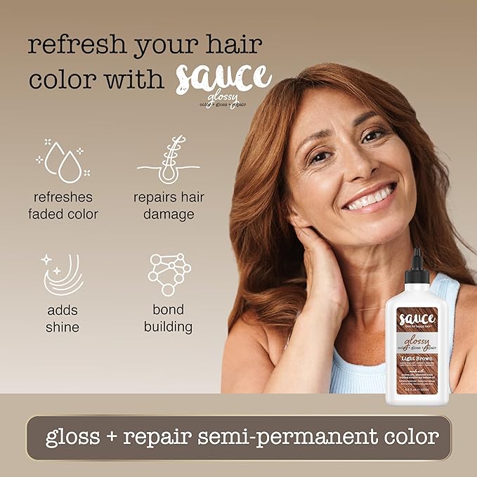Sauce Beauty Glossy Color + Gloss + Repair, Light Brown, Semi Permanent Hair Dye with Bond-Building and Color-Fade Protection Technology, Adds Shine & Deep Moisture, Lasts 4-8 Weeks, Stops Fade