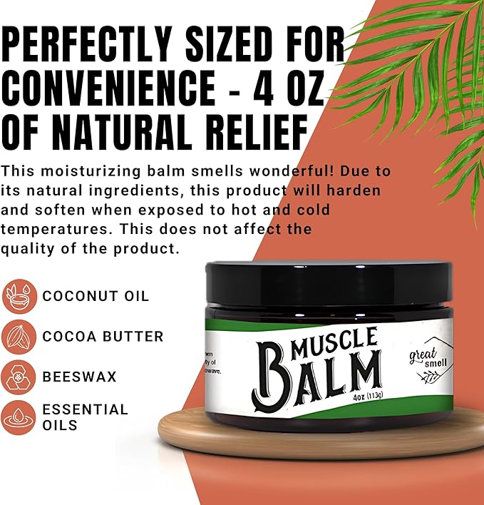 Muscle Balm - All-Natural Moisturizing Butter for Dry Skin + Cracked Heels - Calm, Soothe, Relax - Pure Essential Oils Peppermint + Lavender - Muscles + Joints 4 oz