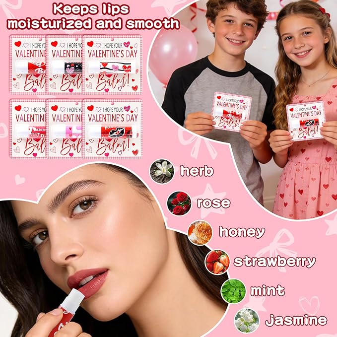 30 Pcs Valentine Lip Balms Bulk Valentine's Day Gifts for Women Galentines Chapstick Gloss 6 Assorted Flavors for Wedding Bridal Shower Birthday Party Favours