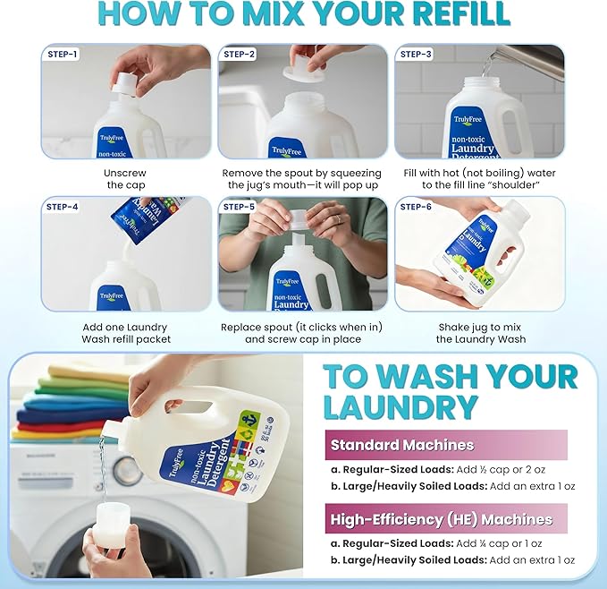 Truly Free Natural Laundry Detergent for Sensitive Skin | Eco Friendly, Plant Based, Baby Clothes Safe | Clean & Easy Powder to Liquid, 1 Empty Reusable Jug + 1 Fill Pack | Signature Scent, 50 Loads
