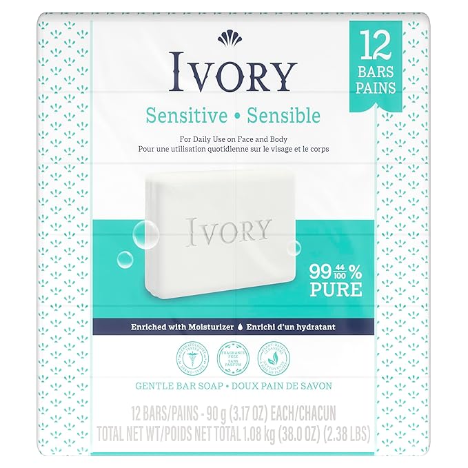 Ivory Sensitive Bar Soap, Designed for Whole Family, Fragrance Free, 99.44% Pure Formula, Plant-Based Cleanser, Made Without Heavy Perfume, Parabens, Phthalates, For All Skin Types, 3.17 oz (12 Count)