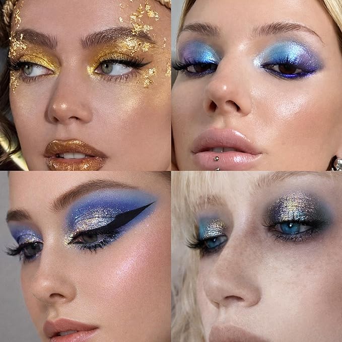 Half Magic Glitter Eyeshadow, Multi Chromatic Glitter Eyeshadow, 3-Color Gold-Gray-Blue Chameleon Iridescent Holographic Cream Eye Shadow, #01