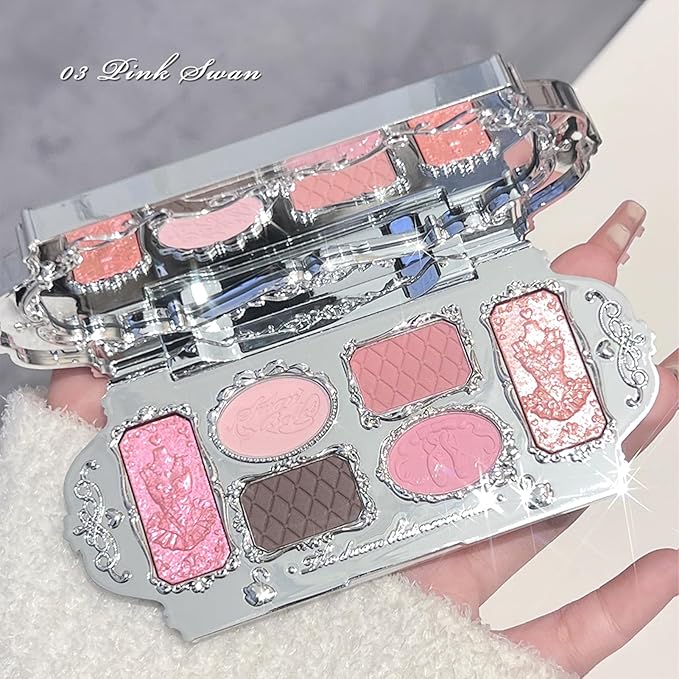 Flower Knows Swan Ballet Six-Color Makeup Palette,Soft Pink Face Makeup Palette with 4 Matte + 2 Shimmer Shades,Blendable Smooth Cute Make Up,0.23 Oz(03 Pink Swan)