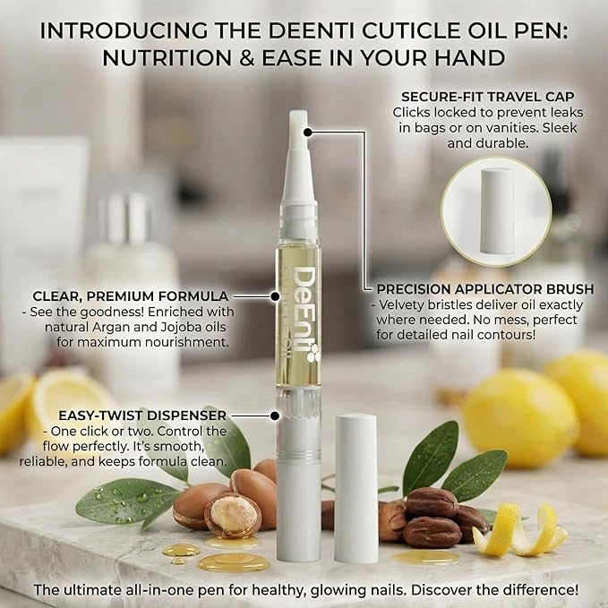 DeEnti Cuticle Oil 4 Pens, Jojoba Oil for Nails, Hydrating Cuticle Nail Oil, Lush Lemon Scented Cuticle Repair Oil, Vitamin E Nail Supplies, Professional Salon Quality Manicure Supplies
