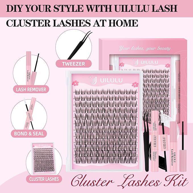 Uilulu Lash Clusters Kit 10-18mm Wispy Lash Clusters D Curl False Eyelash Clusters, DIY Lash Extension Kit with Lash Bond & Seal, Lash Glue Remover, Lash Tweezers