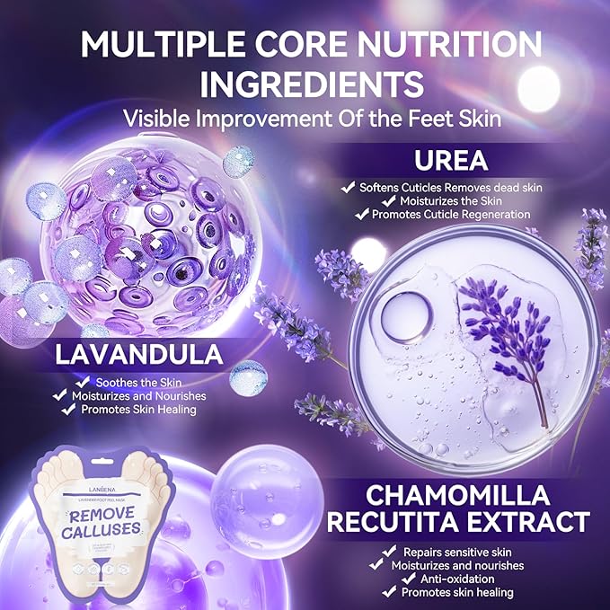 LANBENA Lavender + Vitamin C Foot Peel Mask（2 Pairs, Exfoliator Peel Off Calluses Dead Skin Callus Remover, Repairing Rough Heels for Men and Women, for Baby Soft & Smooth Feet