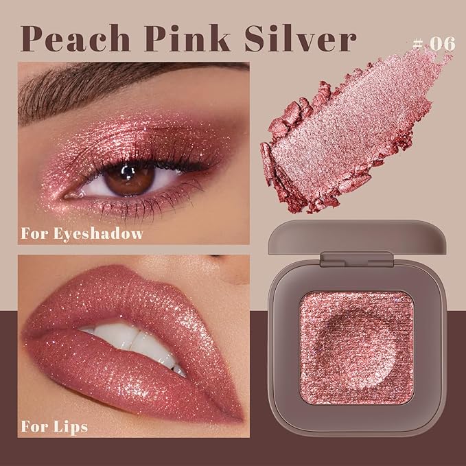 Noerrors Duochrome Peach Pink Silver Glitter Eyeshadow Palette, Rich Color Shimmer Metallic Monochrome Eye Shadow, Holographic Diamond Sparkle Long Wear Creamy Eyelid Brightener Palette Makeup#06