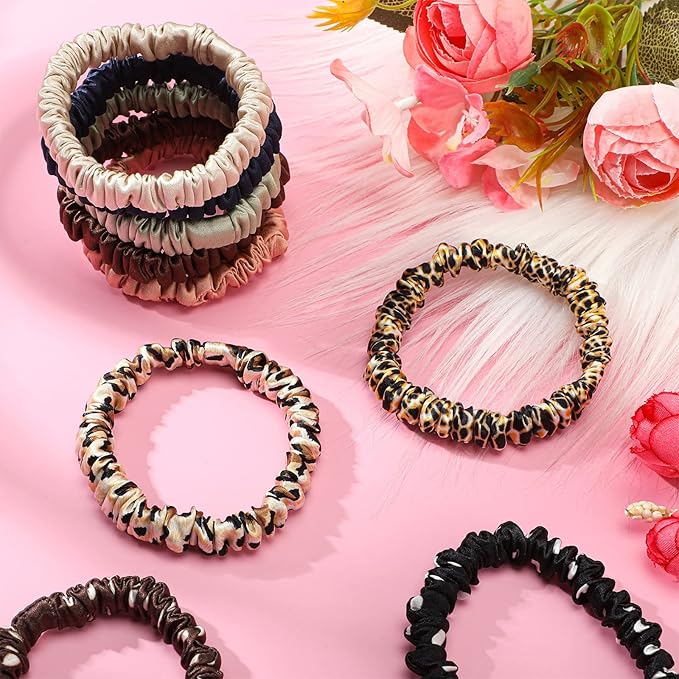 Chuangdi 9 Pieces 100% Mulberry Silk Scrunchies for Long Hair Silk Hair Ties Scrunchies for Women Girls Elastic Ponytail Holders with Gift Box(Vivid Style,Dark Colors)