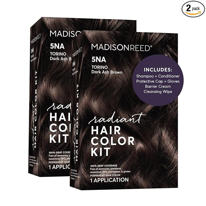 Madison Reed Radiant Hair Color Kit - 5NA Dark Ash Brown with Cool Smoky Undertones (Torino Brown), Dimensional Gray Hair Blending Permanent Hair Dye, PPD-Free & Ammonia-Free, 2 Pack