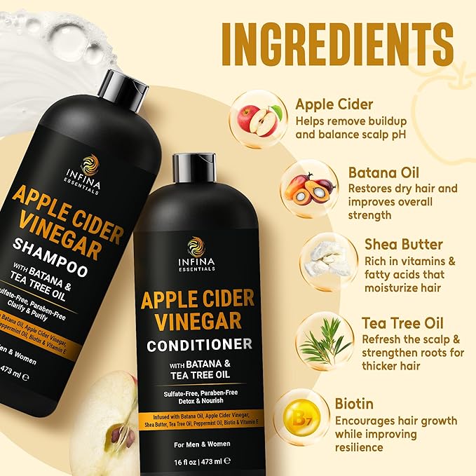 INFINA ESSENTIALS Apple Cider Vinegar Shampoo and Conditioner Set | Clarifying & Detoxifying for Oily Scalp | 16 fl oz Each | with Batana Oil, Biotin & Tea Tree Oil | Men & Women | Made in USA