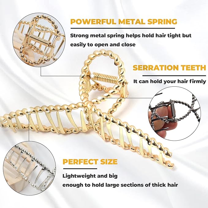Bphne 3 Pack Metal Hair Clips for Women, 4.5 Inch Large Non Slip Claw Clips with Strong Hold, Heavy Duty Jaw Hair Clamps for Thick Hair, Gold Silver Black Fashion Hair Accessories Gift Set