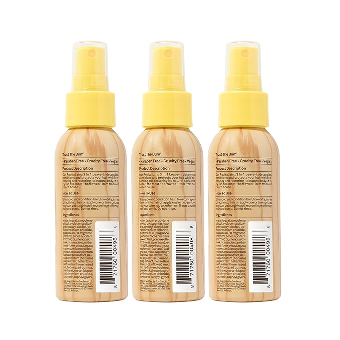 Sun Bum Revitalizing 3 in 1 Leave In Conditioner - Anti Frizz Detangler - Color Friendly with UV Protection - Enriched with Coconut Oil and Banana - Travel Friendly 1.5 oz (Pack of 3)