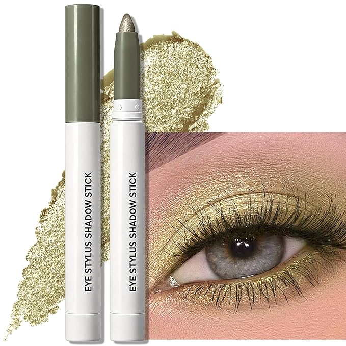 Golden Olive Shimmer Eyeshadow Stick, Cream Eye Shadow Stick Waterproof Long Lasting Multi-Use Eyeliner Pencil, Smooth Blendable High Pigmented Eye Crayon Defines & Lines Eyes for Bold Looks