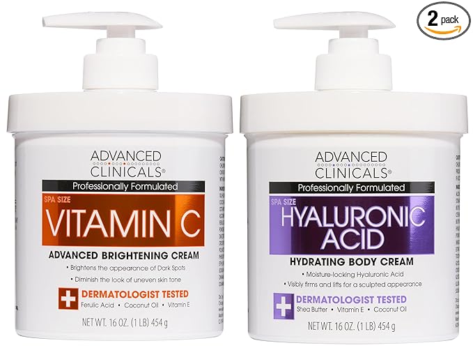 Advanced Clinicals Hyaluronic Acid Moisturzier + Brightening Vitamin C Cream 2pc Skincare Set For Women & Men | Face Moisturizer & Body Cream Helps Improve Look Of Crepey Skin & Uneven Skin Tone, 2pc