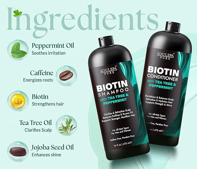 SOULSPA PURE Biotin Peppermint & Tea Tree Shampoo and Conditioner Set - Sulfate Free Scalp Care for Thinning & Color-Treated Hair - Clarifying Formula for Men & Women - Made in USA - 16 fl oz Each
