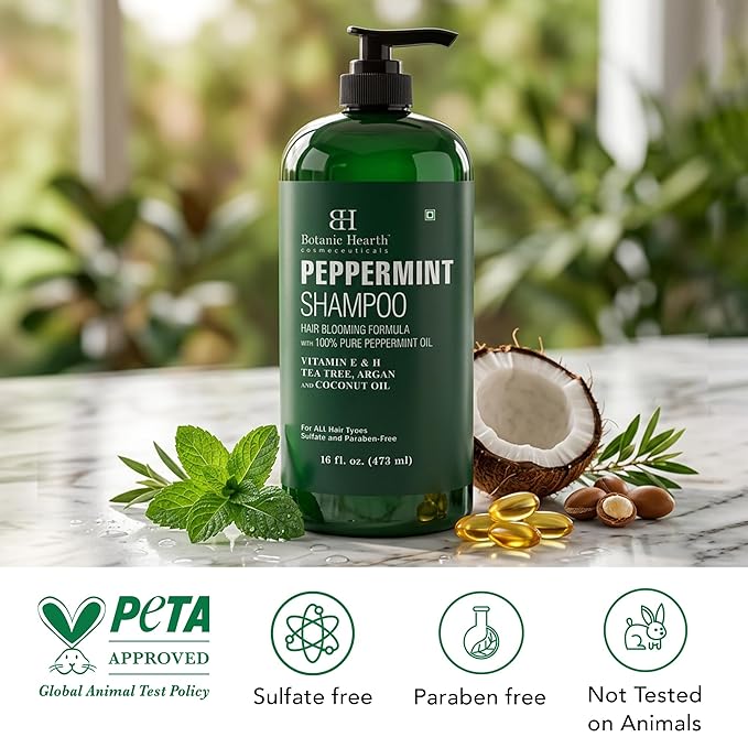 Botanic Hearth Peppermint Oil Shampoo | Hair Blooming Formula With Keratin For Thinning Hair | Fights Hair Loss, | Sulfate Free For Men And Women | 16 Fl Oz