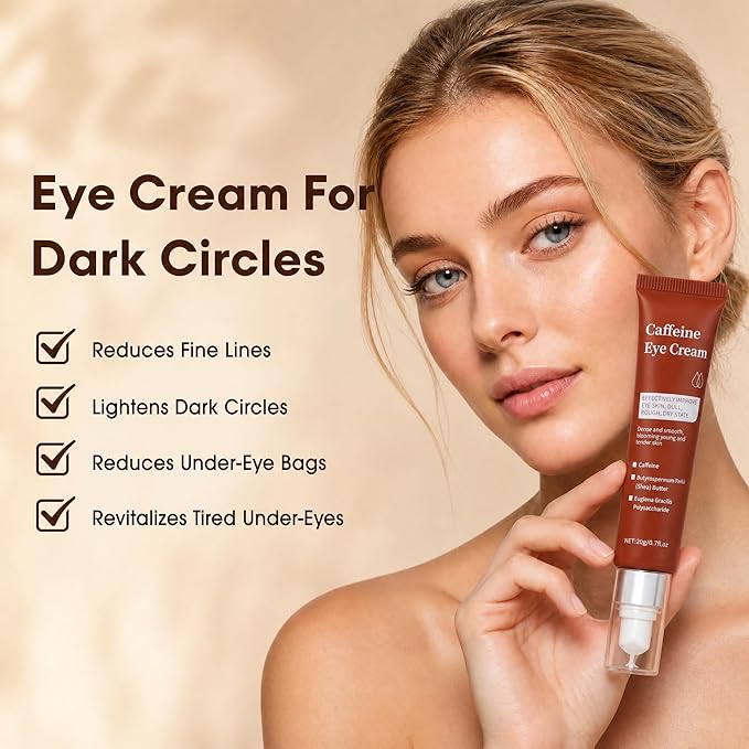 Caffeine Eye Cream, Under Eye Cream for Dark Circles Puffiness and Wrinkles Eye Bags, Multi Peptide Moisturizer Brightens Night Formula Caffeine Eyecream with Cooling Metal Tip, 0.75 fl oz