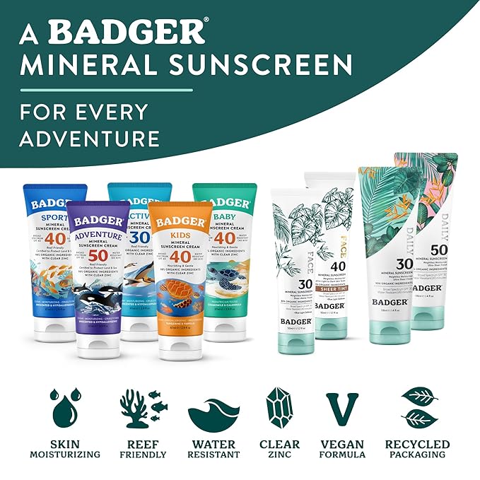 Badger Tinted Sunscreen for Face SPF 40, Lightweight Tinted Mineral Sunscreen w/Sheer Tint Warm Finish for Light or Dark Skin, No White Cast, 80% Organic, Vegan, Water Resistant, Unscented, 1.7 fl oz