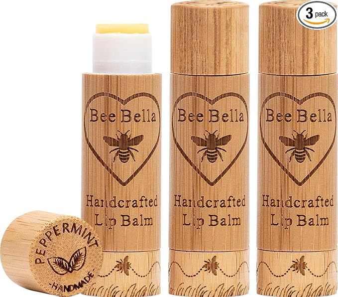 Bee Bella Lip Balm, Peppermint, 3 Pack - Hydrating Lip Care, 100% Natural, Original Organic Beeswax with Vitamin E, Handmade in USA