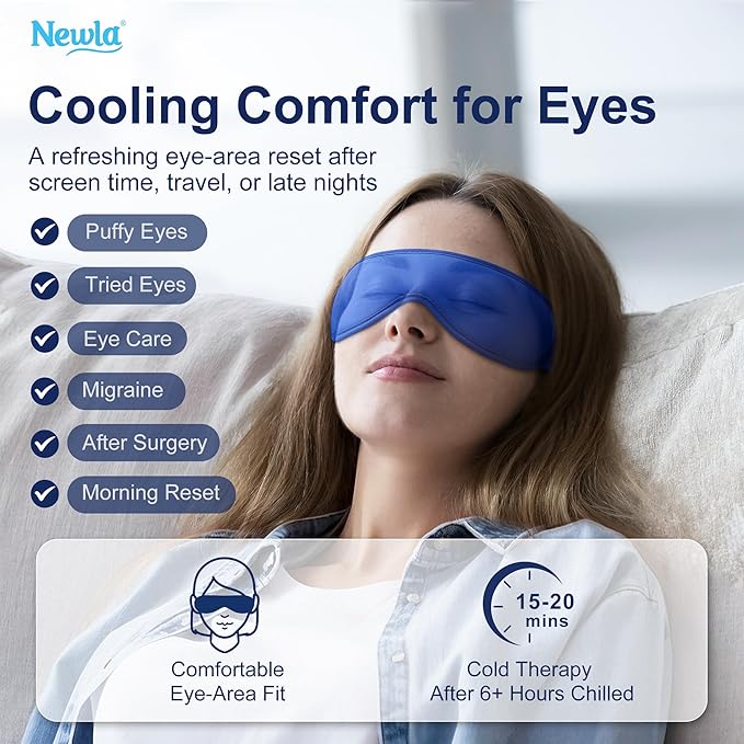 Cooling Gel Eye Mask for Puffy Eyes, Contoured Cold Compress for Eyes, Reusable Cold Eye Mask for Puffiness, Migraine & Tired Eyes, Post Surgery, Ice Gel Pack for Eye Care, Adjustable Strap (Blue)
