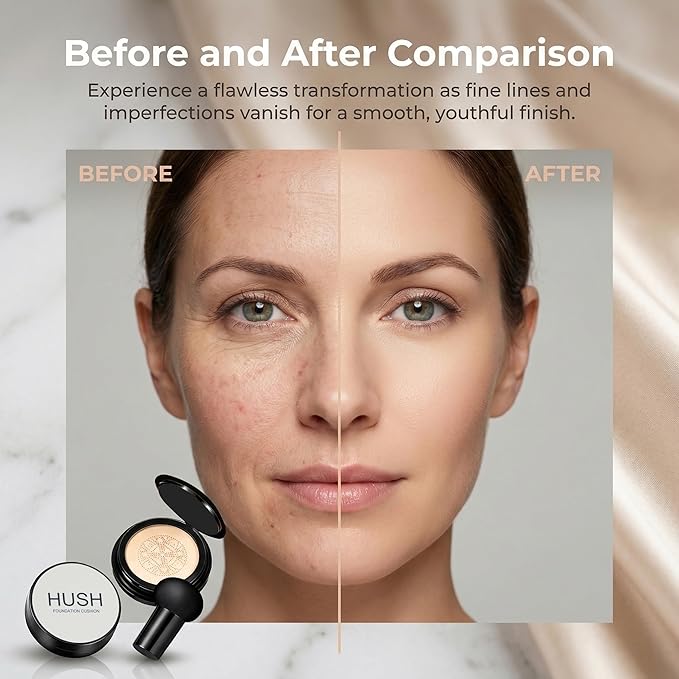 Hush makeup foundation - Glow makeup foundation for older women warm - Infused Lightweight Foundation cushion with Mushroom Applicator for Mature Skin, Hyaluronic Acid & Peptides, Natural Coverage