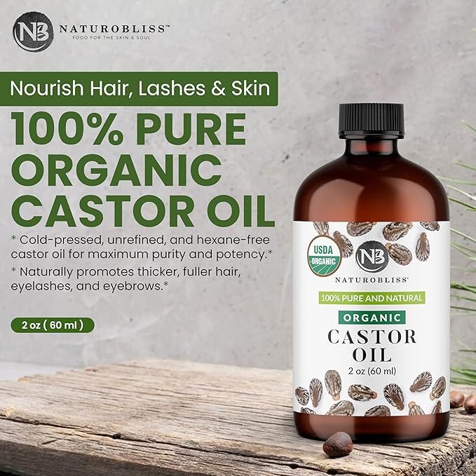 NaturoBliss 100% Pure Organic Castor Oil, Expeller-Pressed, Hexane-Free, Premium Carrier & Beauty Oil for Hair Growth, Eyelashes & Eyebrows, Skin Moisture, with Beauty Starter Kit – 2 oz