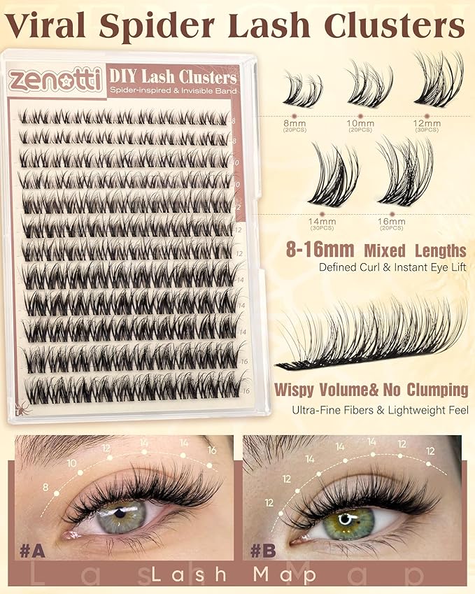 Spider Lash Clusters Wispy Eyelash Clusters Natural Breeze Lashes Cluster Venus Cluster Eyelash Extensions D Curly Cosplay Individual Lashes with Invisible Band DIY at Home 8-16mm by zenotti