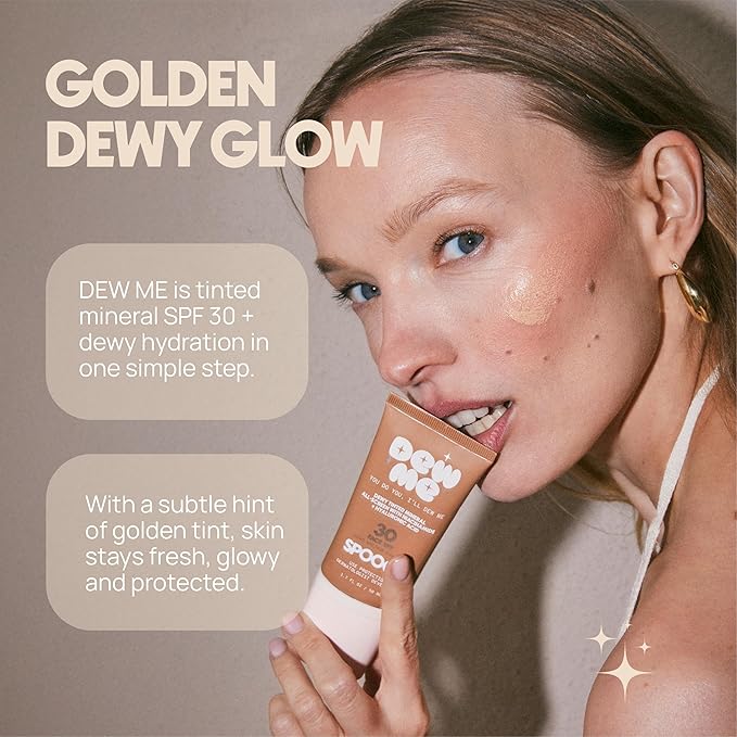 Dew Me | Tinted Mineral Sunscreen SPF 30 | Zinc Oxide Sunblock | Tinted Sunscreen For Face & Body | Golden Glow Dewy Finish | Dermatologist Developed Formula | Reef Safe Sunblock | 1.7oz