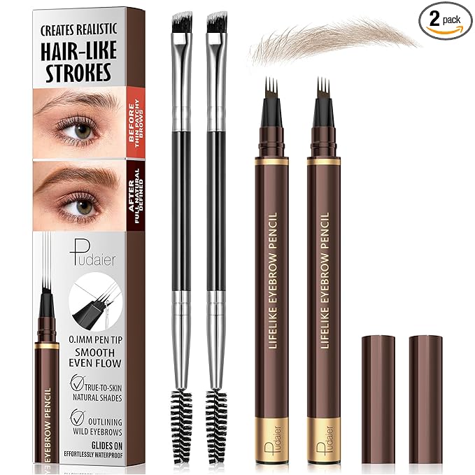 2 Pack 4-Tip Microblading Eyebrow Pen with 2 Brow Brushes, Waterproof Vegan Formula Eyebrow Pencils for Women to Effortlessly Create Natural Hair-Like Strokes, All-Day Wear (Taupe)