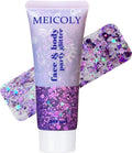 MEICOLY Purple Hair Glitter Kids Makeup,Holographic Halloween Sparkly Face Glitter,Self-Adhesive Mermaid Sequins Face Body Glitter,Chunky Glitter for Festival Rave Accessories Costume Outfits