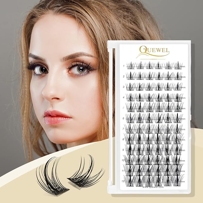 QUEWEL Lash Clusters 72 Pcs Wide Stem Individual Lashes C/D Curl 8-16mm Length DIY Lash Extension Soft False Eyelashes Wispy Cluster Lashes Easy to Create Natural Look At Home(Sparkle-C-MIX8-16mm)