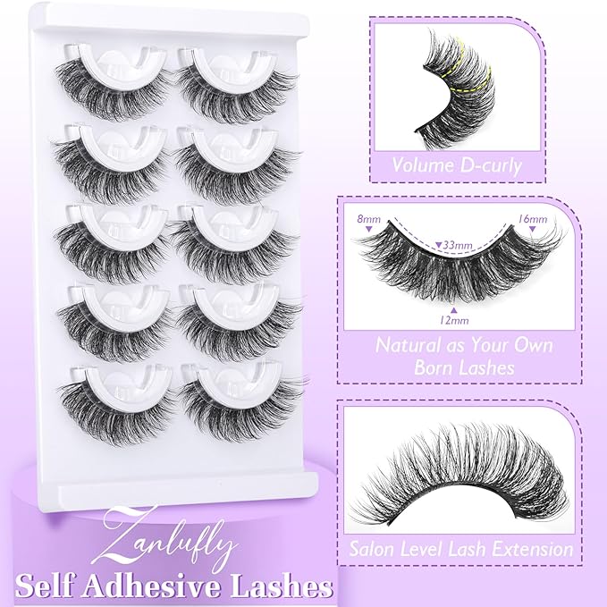 Self Adhesive Eyelashes Reusable Self Adhesive Lashes Natural Pre-glued Lashes No Glue Lashes Strip Lashes Cat Eye Lashes D-Curly False Lashes Wispy Faux Mink Eyelashes by zanlufly