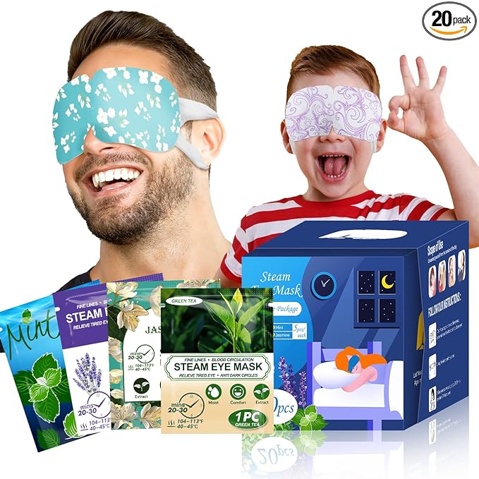 ProCIV 20-Pack Steam Eye Masks for Dry Eyes, Warm Eye Mask, Relief Fatigue & Dark Circle, Heated Eye Mask for Puffy Eyes, Disposable Sleep Mask, Moist Hot Compress Eye Patch for Sleeping, 4 Flavors