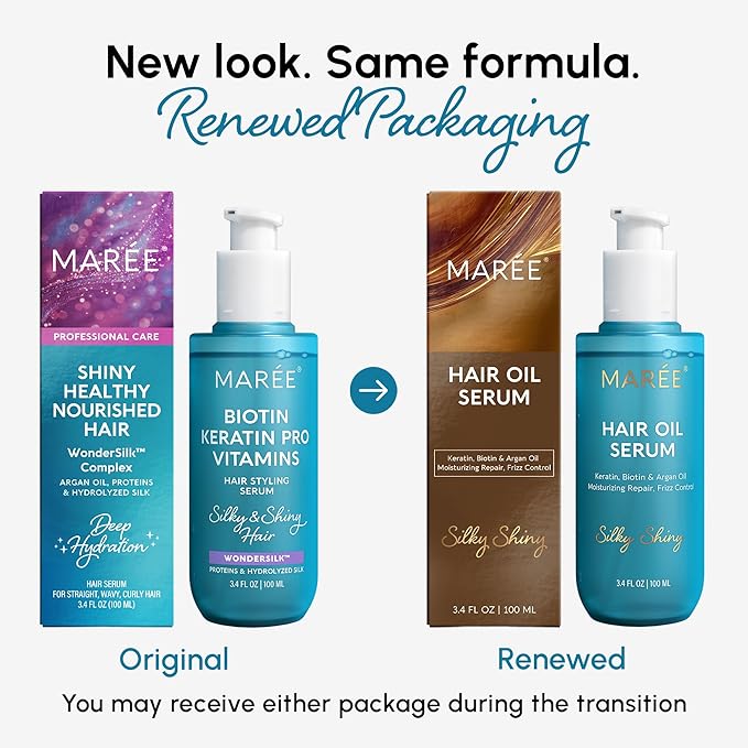 MAREE Hair Oil for Frizzy Hair with Argan Oil, Keratin & Biotin 3 PACK – Hair Serum for Dry and Curly Hair Gloss – Frizz Control Hair Care Products for Women – Aceite Para el Cabello