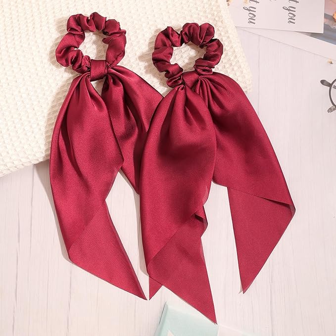 Pack of 2 Knotted Bow Hair Scrunchies Elastic Hair Scarf Hair Ties Bands Satin Hair Ribbon Scrunchy Red Ponytail Holder for Women and Girls, Hair Scarf Scrunchies, Hair Accessories (Burgundy)